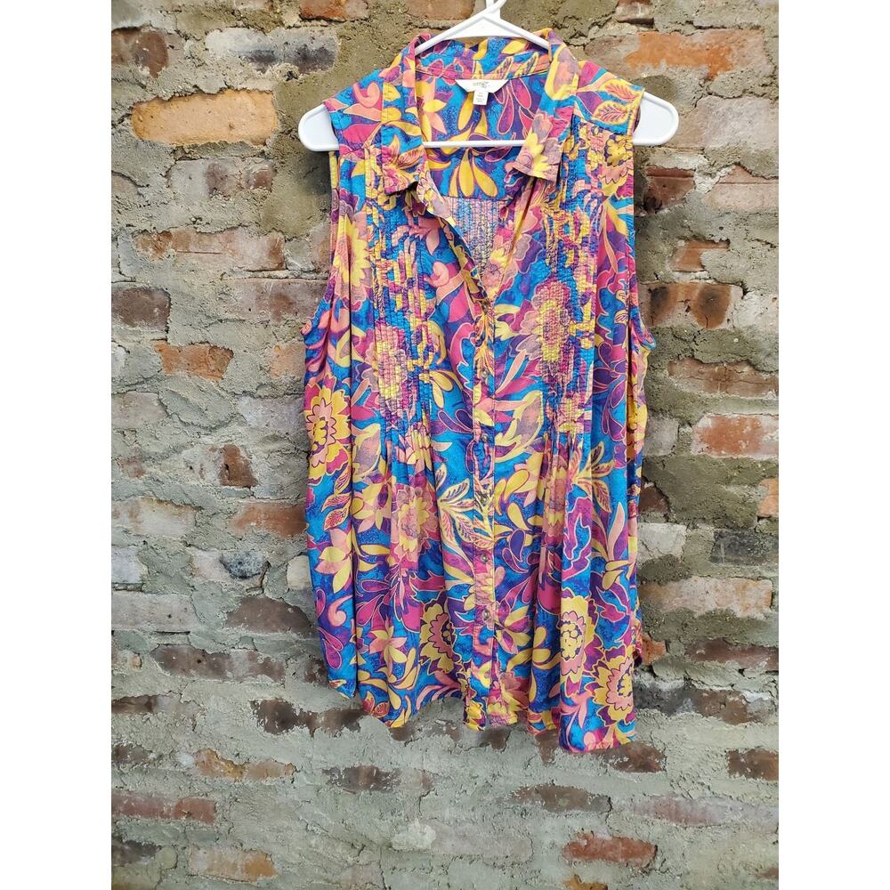 Terra & Sky Womens Sleeveless Blouse Plus Size 0X 14W Floral Print Button Up